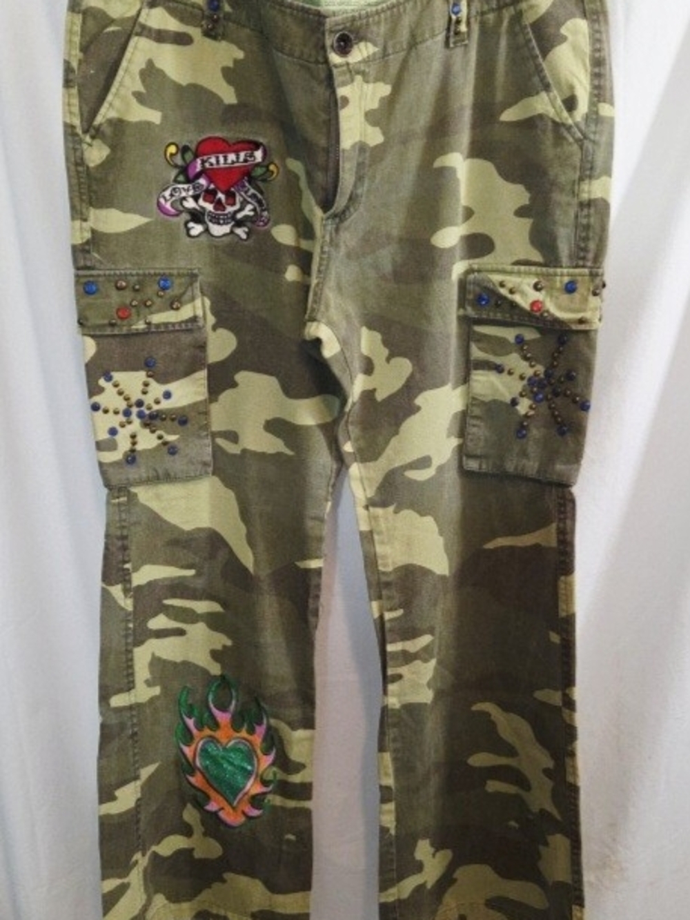 Vintage Ed Hardy Camo Cargo Pants Studded Embellished Tattoo Skull Size 31 Y2K
